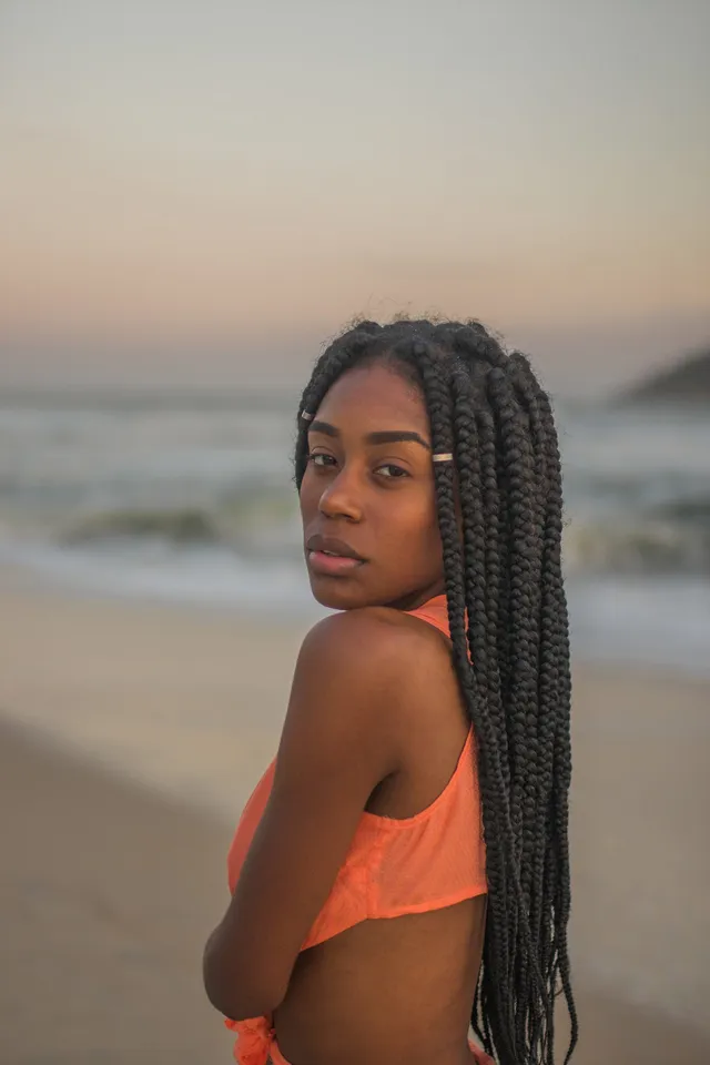 Box braids, worn at the beach
